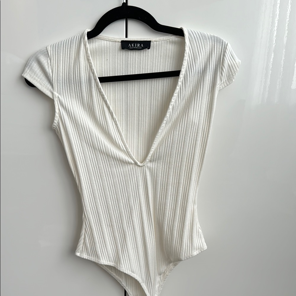AKIRA White Ribbed V-Neck Bodysuit